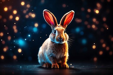 Cute fluffy bunny sitting on dark background with bokeh lights