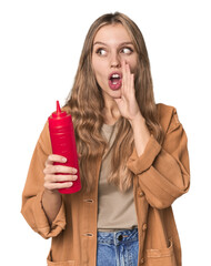 Blonde woman holding ketchup bottle in studio setting is saying a secret hot braking news and...