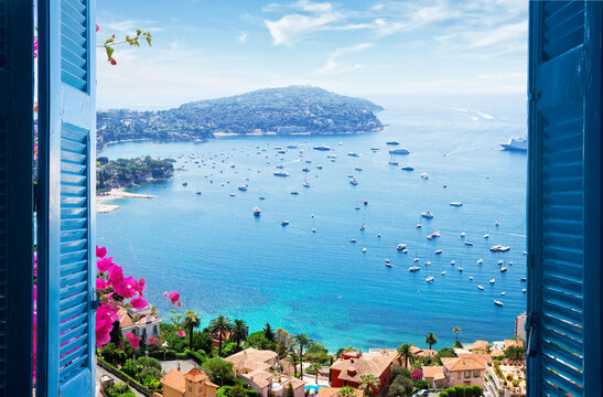 landscape of riviera coast and turquiose water of Mediterranean sea, cote dAzur at sunny summer day, French RIviera, France, retro toned