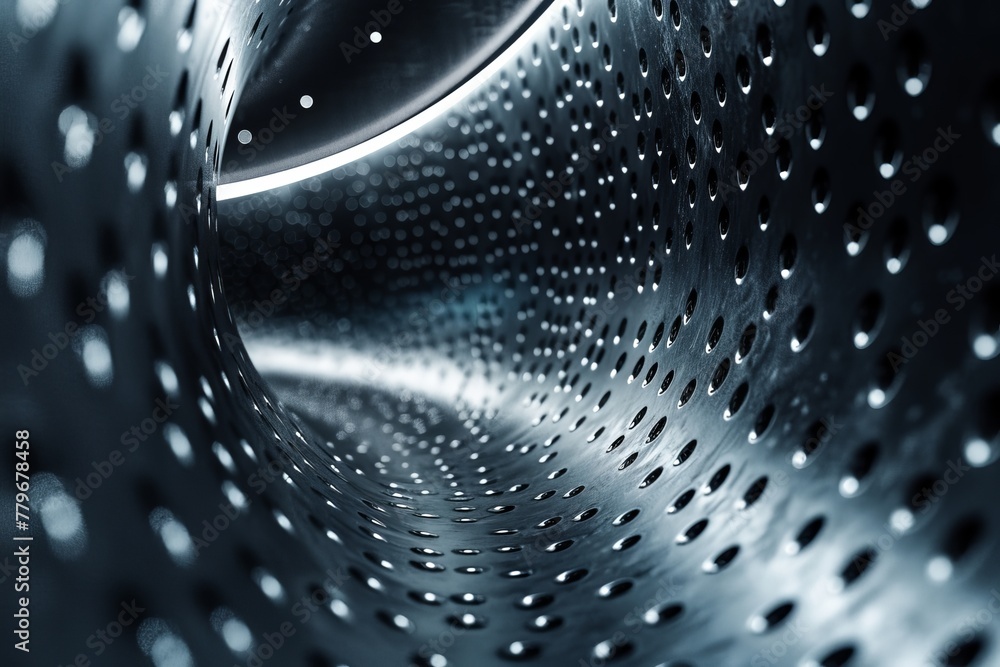 Poster a close-up of a metallic surface detailed with a pattern of circular perforations