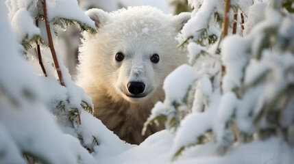 peeping polar bear in the nature winter forest - obrazy, fototapety, plakaty