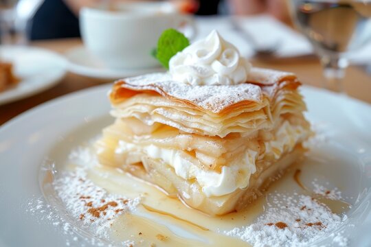 Viennese bakery cafe serving apple strudel with cream and vanilla sauce