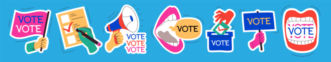 Vote sticker set modern colorful style isolated for social media, post, banner, poster