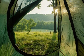 Viewing open tent door overlooking green meadow and forest in morning sun