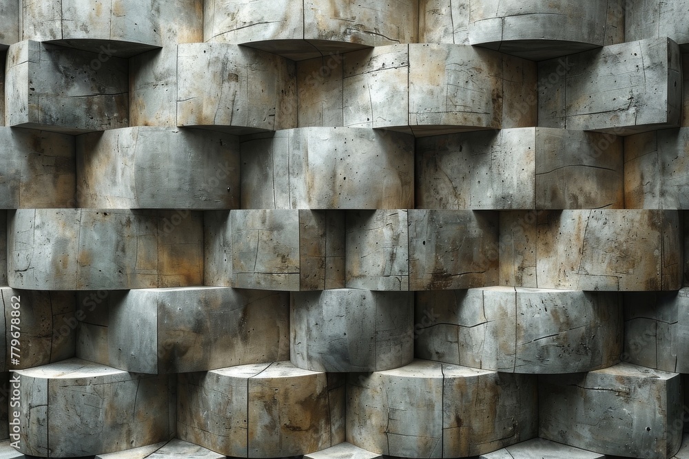 Poster a three-dimensional image featuring geometric concrete cubes protruding from a wall creating a compe