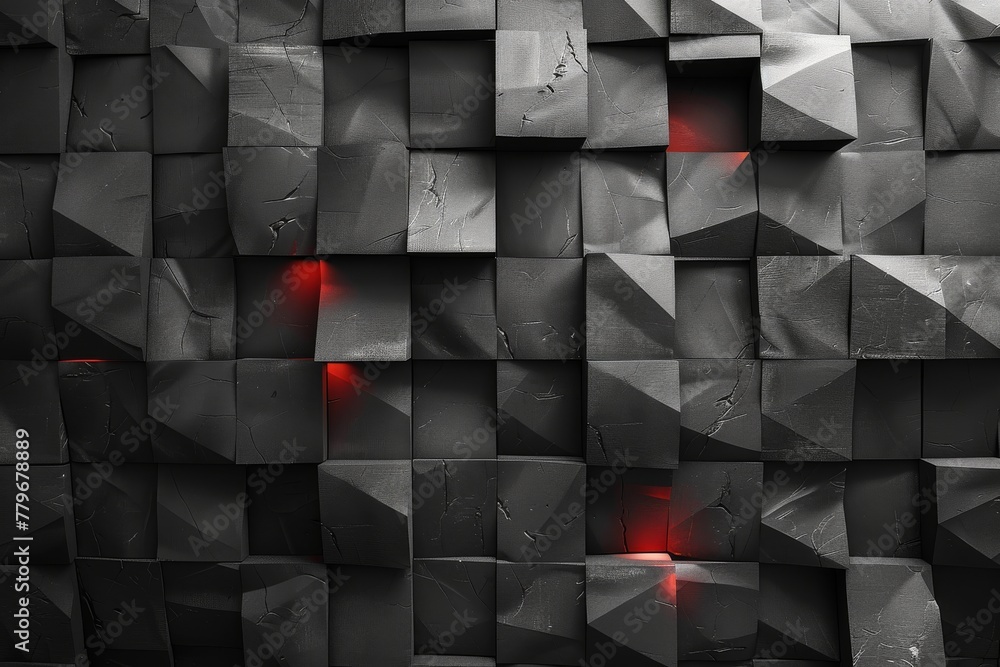 Poster striking contrast of dark cubic structures with intentional red highlights creating an intense abstr
