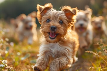 Small dogs running through a field