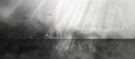 A monochrome photograph of a rainbow in the sky above a lake, with water reflecting the sky, grass in the foreground, and clouds adding to the dramatic contrast of light and darkness