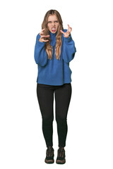 Fototapeta premium Studio portrait of a blonde Caucasian woman upset screaming with tense hands.