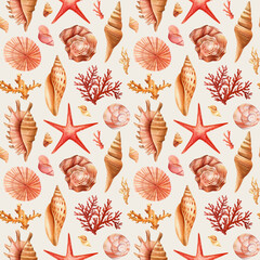 Summer Seamless pattern with seashells, coral and starfish. Marine background. Watercolor illustration for design