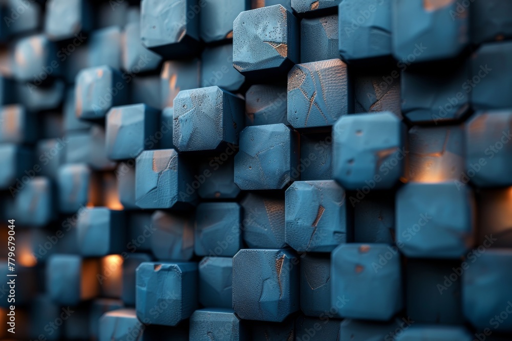 Poster the image captures an array of hexagonal shapes in blues with detailed textures, suggesting precisio