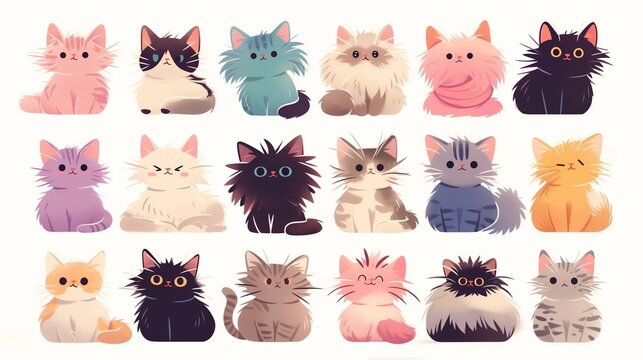 Cartoon kawaii kitten set. Cute painted cats in pastel colors. Different emotions. Cute domestic animal collection. Illustrations sat isolated on white background. Kittens kit icons, stickers