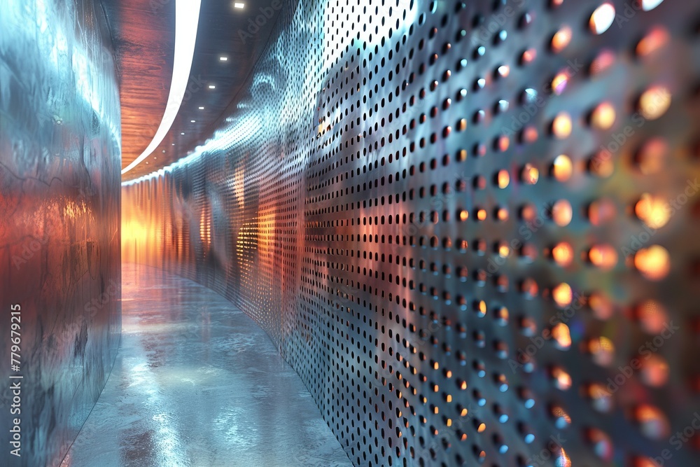 Poster this image features a digitized futuristic corridor illuminated by red lights, with a metallic, perf