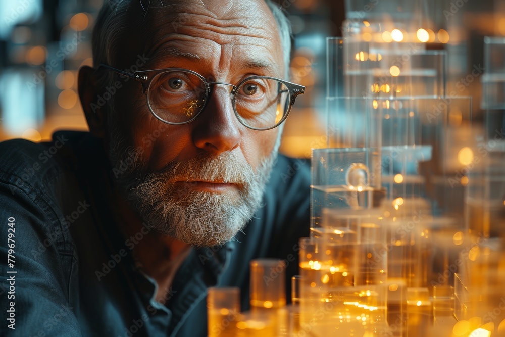 Poster man with beard and glasses in front of test tube display