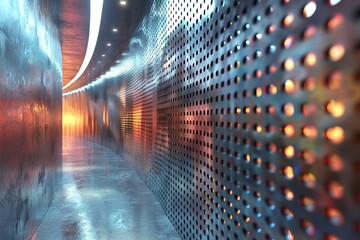 This image features a digitized futuristic corridor illuminated by red lights, with a metallic,...