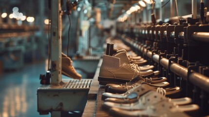 Shoe factory. Footwear manufacturing facility utilizing automated production processes. - obrazy, fototapety, plakaty