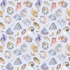 Sea shells. Seamless pattern with seashells. Marine background. Watercolor illustration for wrapping, textile, fabric 