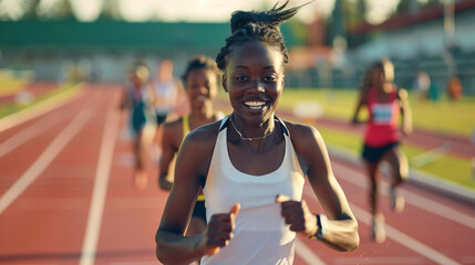 Portrait of an african woman athlete running on the track.