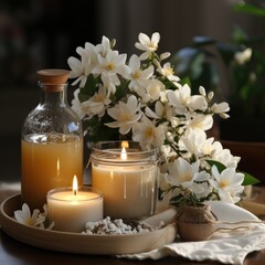 Obraz na płótnie Canvas Jasmine oil candles and towels flowers