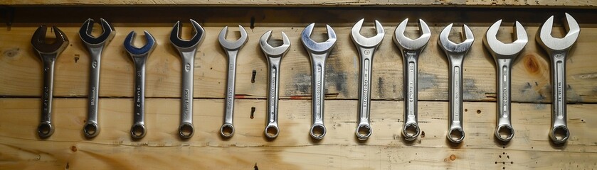 Wrench set lined up on a garage wall, varying sizes, organized precision, no people, wide angle , low texture - obrazy, fototapety, plakaty
