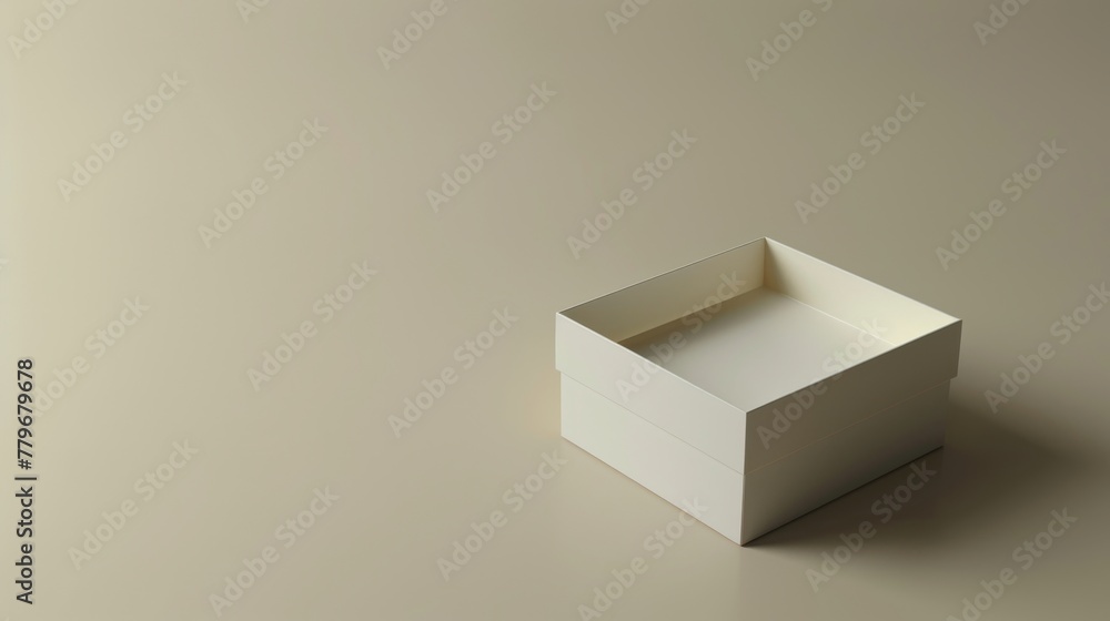 Poster empty white open box of square shape on a flat surface, emphasized by a shadow