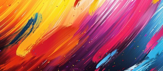 A close up of a vibrant painting showcasing brush strokes in shades of purple, pink, violet, and magenta. The artwork depicts a fusion of tints and shades with water - obrazy, fototapety, plakaty