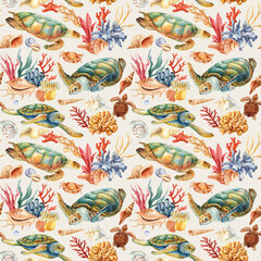 Reef, Cute seamless pattern turtles, shell, coral. Marine background. Watercolor illustration design wrapping, textile