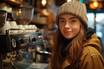 Woman making espresso at coffee machine