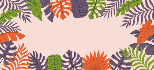 Summer tropical background with copy space for text. palm leaves. Floral exotic wallpaper. Vector template for banners.