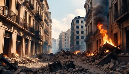 A rendered scene of a devastated urban landscape with crumbling buildings and raging fires, evoking a post-apocalyptic setting. AI Generation