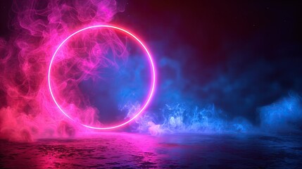 A neon circle in water surrounded by colorful smoke on a dark sky background