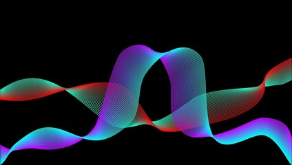 The illustration shows a flowing abstract ribbon shape on a black background. It involves a series of waves or curves that create a feeling of movement.  - obrazy, fototapety, plakaty
