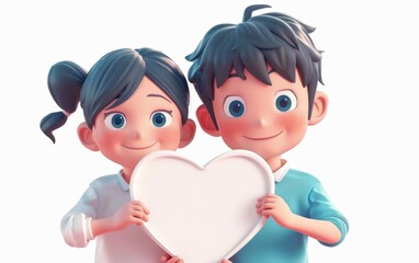 A 3D cartoon character, a boy and a girl, brothers holding a heart-shaped plate