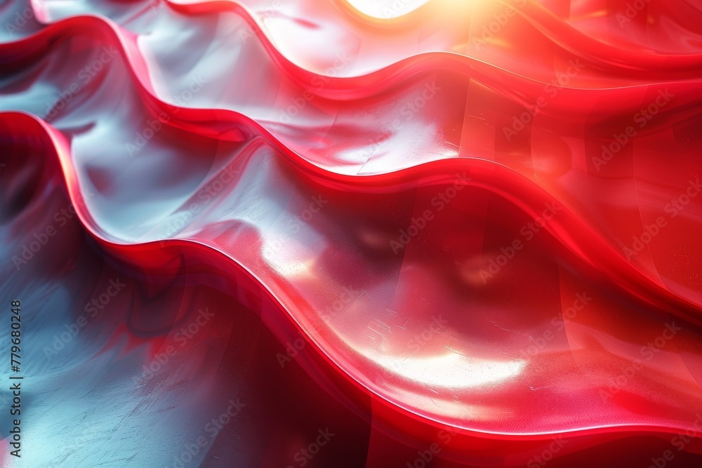 Poster an image capturing the fluid movement of a digital ribbon in red and white, creating a visually enga