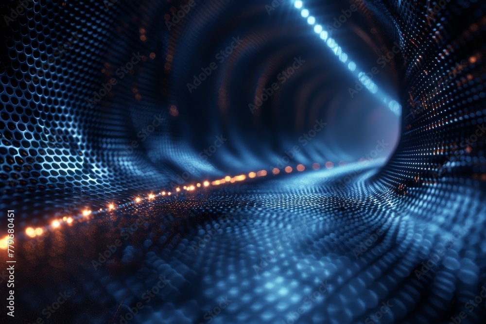 Aufkleber a captivating view into a futuristic tunnel illuminated by blue lights and a pattern of glowing dots