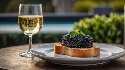 Sandwich with black sturgeon caviar and a glass of champagne by the pool. - obrazy, fototapety, plakaty