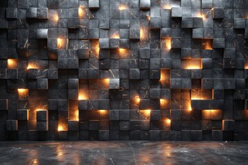 Striking geometric pattern of black cubic shapes lit by dynamic orange lights, giving it a dramatic and modern look