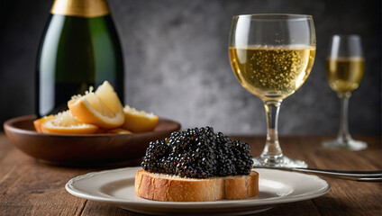 Sandwich with black sturgeon caviar and a glass of champagne. - obrazy, fototapety, plakaty