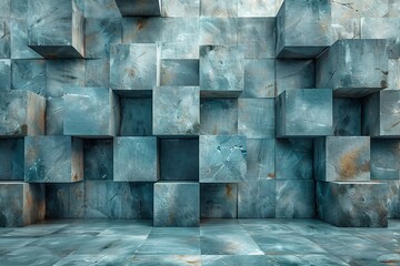 This image presents a 3D perspective of turquoise stone tiles with natural patterns forming a contemporary cubic wall