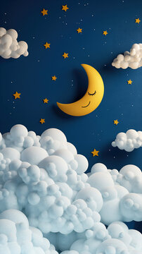 3d illustration of cartoon moon, clouds and stars on dark blue background, vertical wallpaper. Good night, sweet dreams
