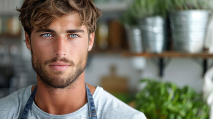 Portrait of a young man with blue eyes and stubble, wearing a casual t-shirt and apron, standing in a bright kitchen with plants in the background. - obrazy, fototapety, plakaty