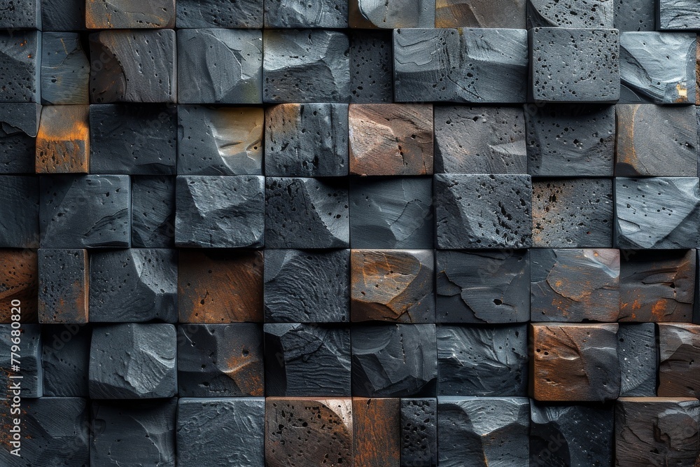 Poster close-up image of a wall with a repeating pattern of textured stone squares in earthy tones, highlig