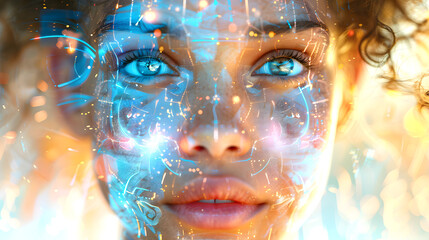 Face woman illuminated by an array of digital projections suggestive of augmented reality interfaces. The futuristic graphics and technologically advanced visual effect