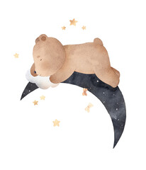 Little bear sleeps on the moon. Watercolor illustration. Can be used for cards, invitations, baby shower, posters. Vintage.