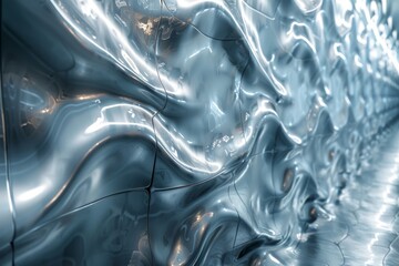 This image captures a reflective, uneven metallic texture with a blue tint, resembling a fluid,...