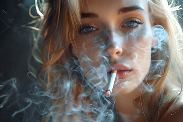 Close up portrait of Young  woman smoking cigarette