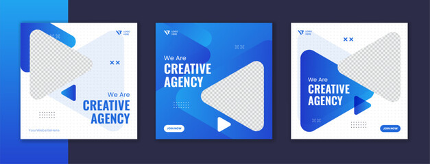 Blue gradient corporate social media post design, sky color business square template set with white stroke, triangle shape creative agency