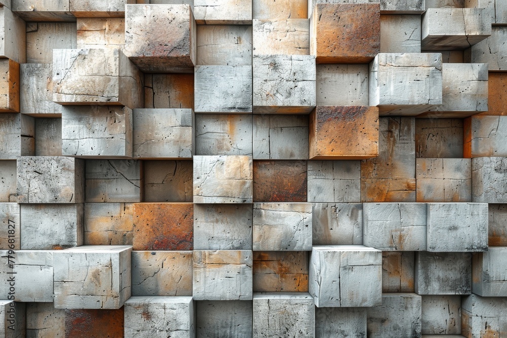Poster an architectural image of weathered concrete blocks arranged in an overlapping geometric pattern