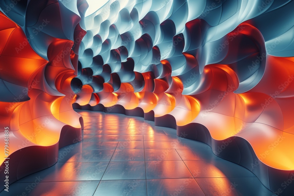 Poster this image features a mesmerizing tunnel with reflective surfaces and a contrast of warm and cold li