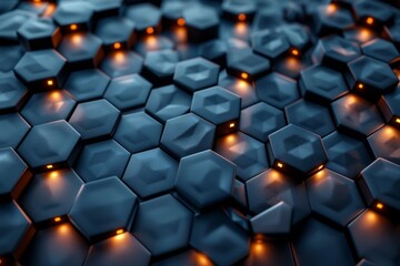 Obraz premium A modern hexagonal pattern illuminated with ambient orange lighting enhancing the 3D design